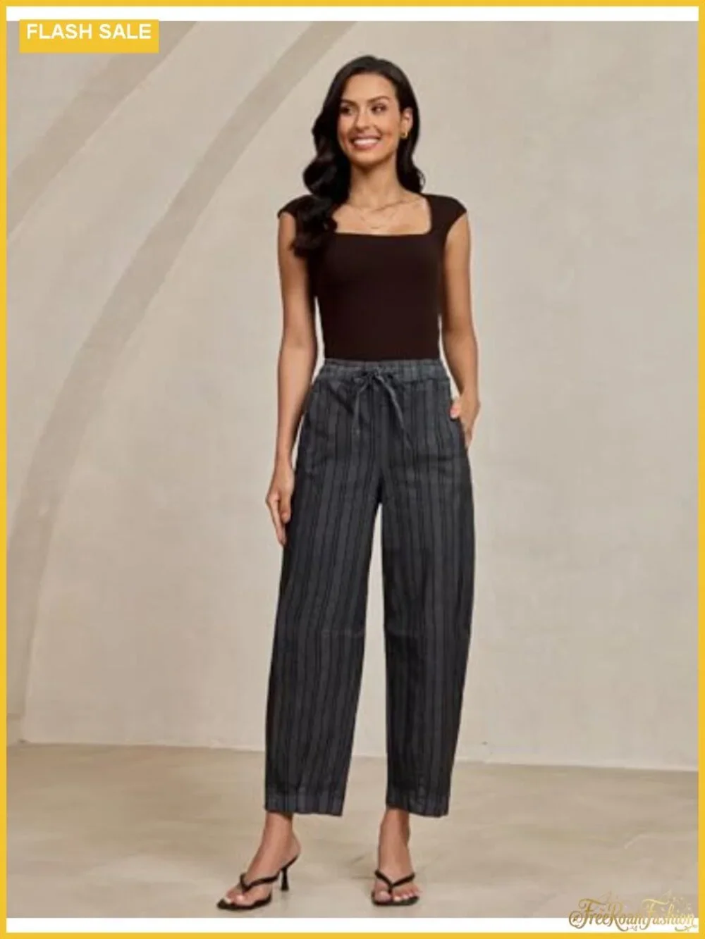 Striped Barrel Cropped Jeans High Waisted Pull On Elastic Waist Wide Leg